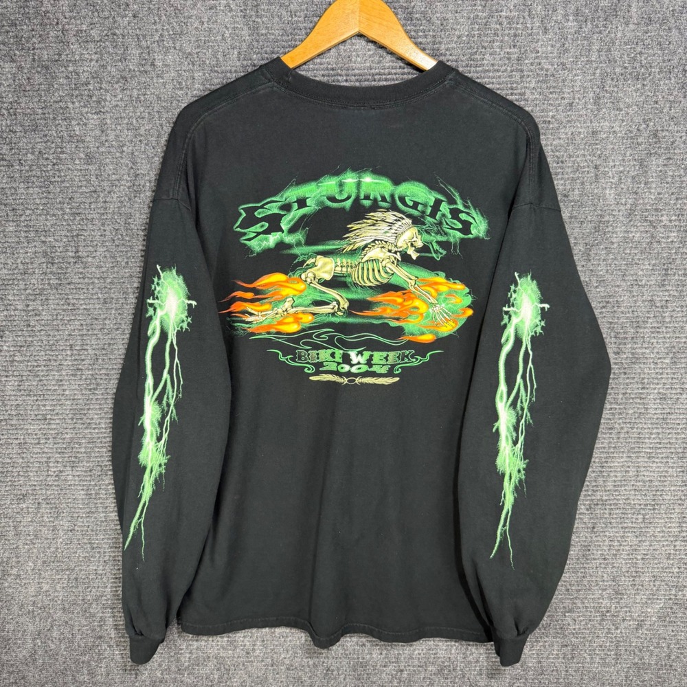 Y2K Sturgis Bike Week 2004 Long Sleeve Shirt Men's XL Black Green Lightning